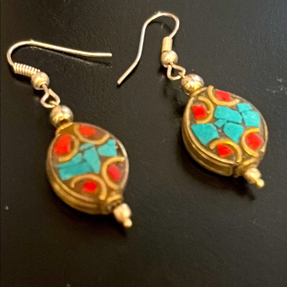 Tibet turquoise and coral tribal earrings
